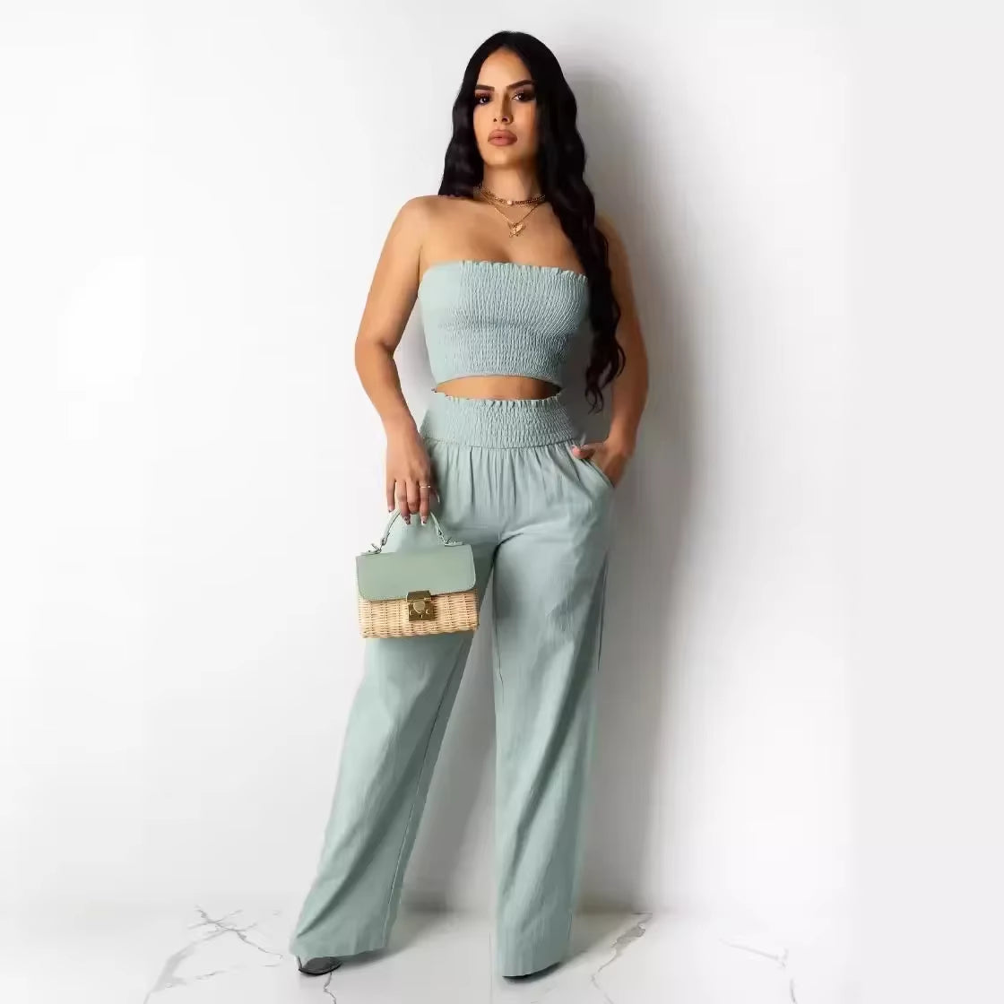 Casual Loose Wide-Leg Pants for Women Fashion Baggy Two-Piece Suit Pants Summer Sexy Pleated Cropped Tops Pantalon