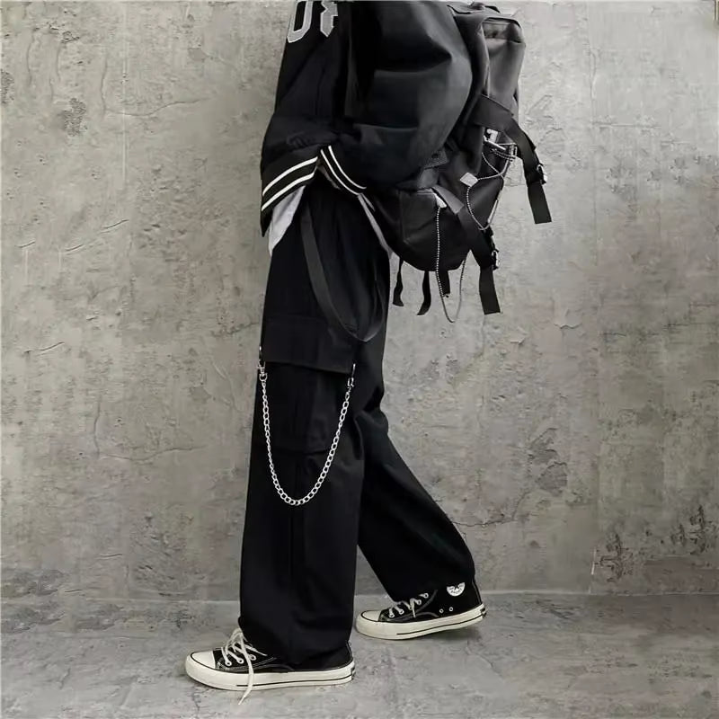Goth Punk Black Cargo Pants with Chain Streetwear Men Wide Leg Trousers Harajuku Hip Hop Hombre Casual Joggers Pantalon Homme