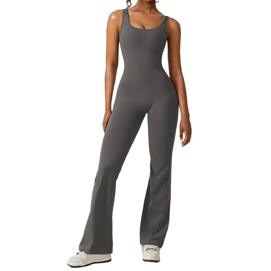 Sexy Hollow Backless Scrunch Gym Flare Jumpsuit Sport Leisure Women 1 Piece Clothing Yoga Dance Jump Suit Black Fitness Overalls
