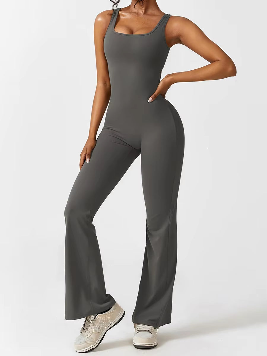 Sexy Hollow Backless Scrunch Gym Flare Jumpsuit Sport Leisure Women 1 Piece Clothing Yoga Dance Jump Suit Black Fitness Overalls