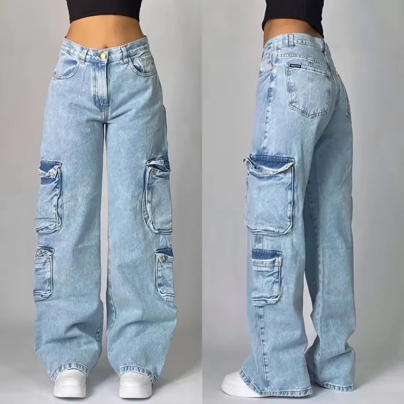 Streetwear American New Washed Light Blue Baggy Jeans Men and Women Y2K High Street Fashion Retro Punk High Waist Wide Trousers