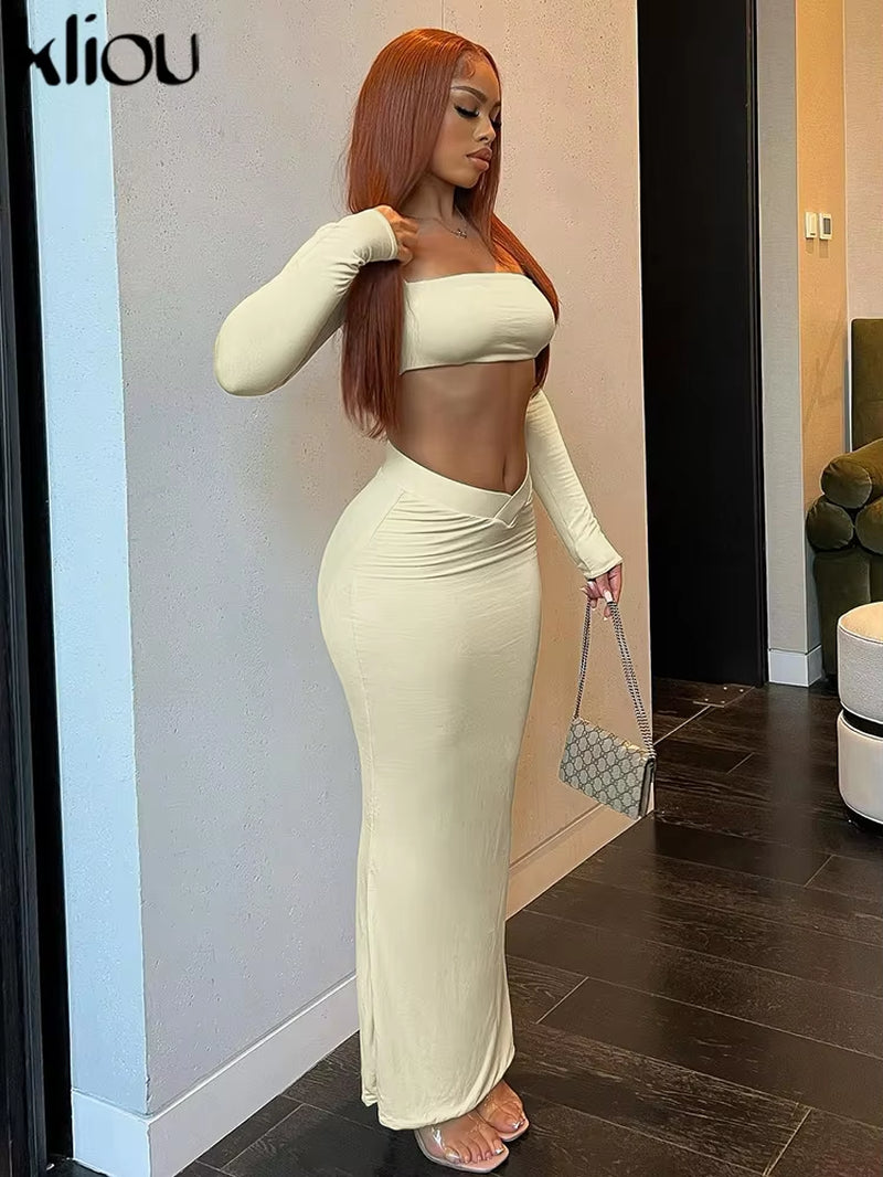 Solid Casual Two Piece Set Women Hipster Full Sleeve Square Neck Crop Tees+Elastic Waist Long Skirts Female Street Outfits