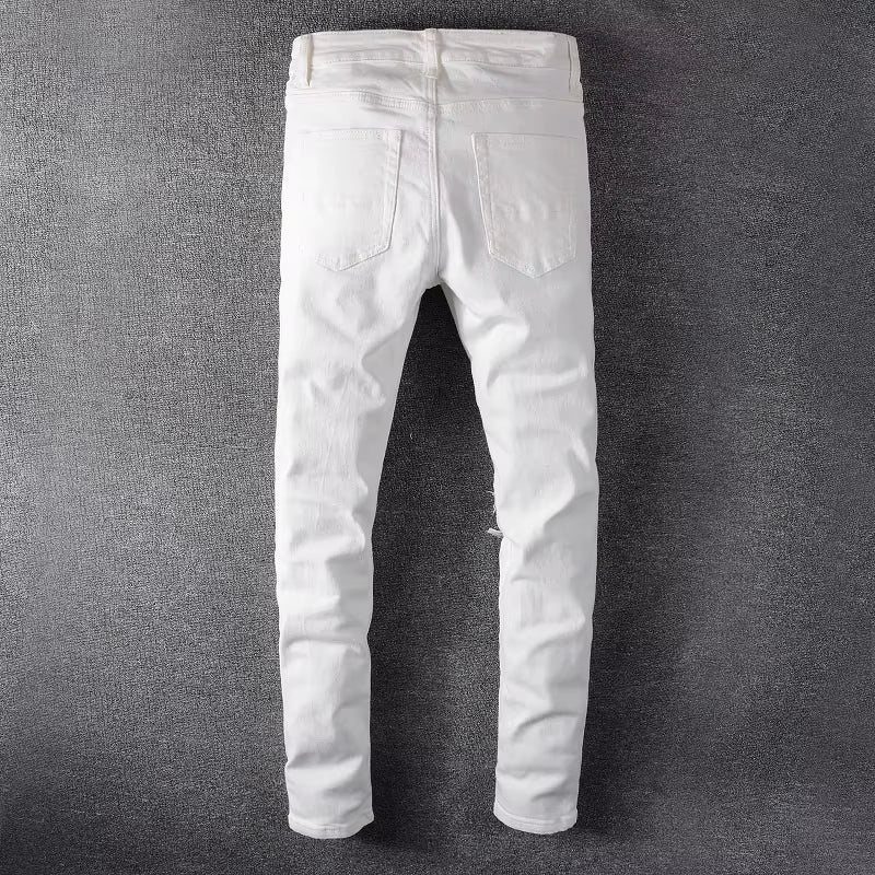 Men'S White Crystal Holes Ripped Jeans Fashion Slim Skinny Rhinestone Stretch Denim Pants