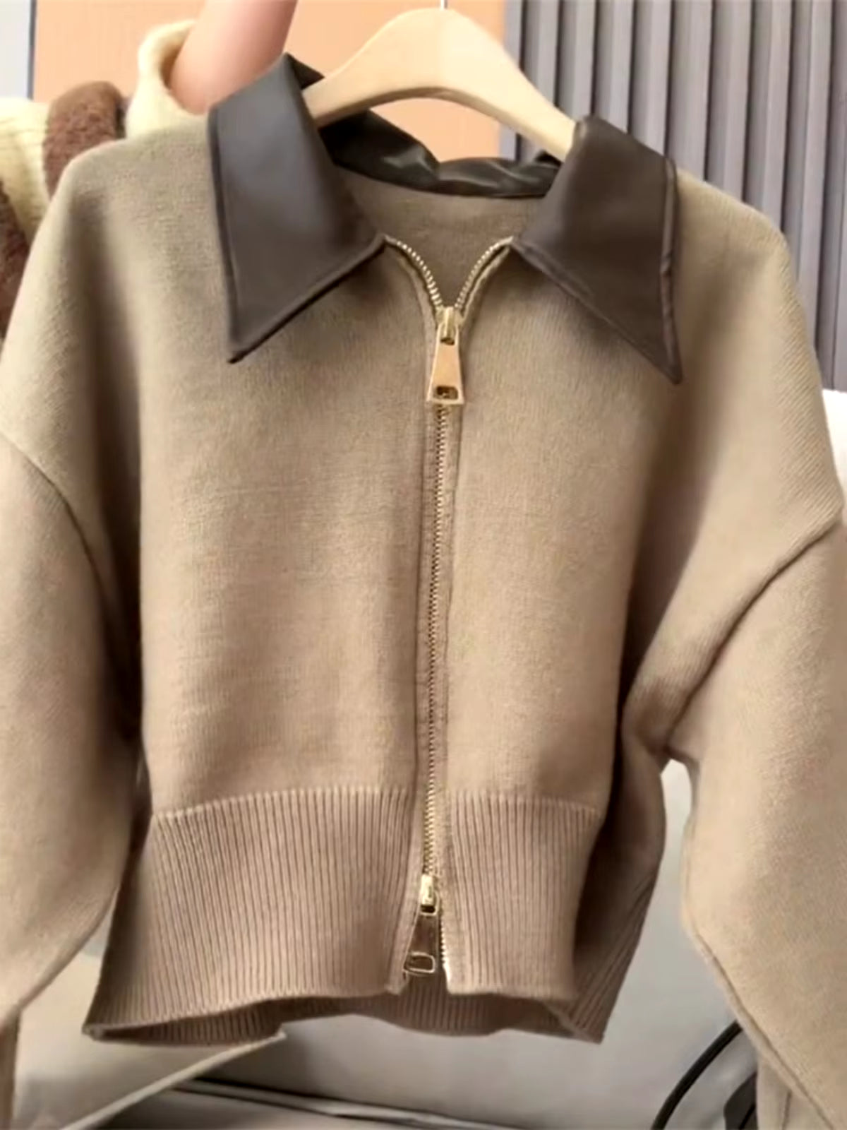 Spliced Leather Collar Knit Sweater Fashion Double Zipper Cardigan Women'S Autumn/Winter New Soft Vintage Long Sleeve Streetwear