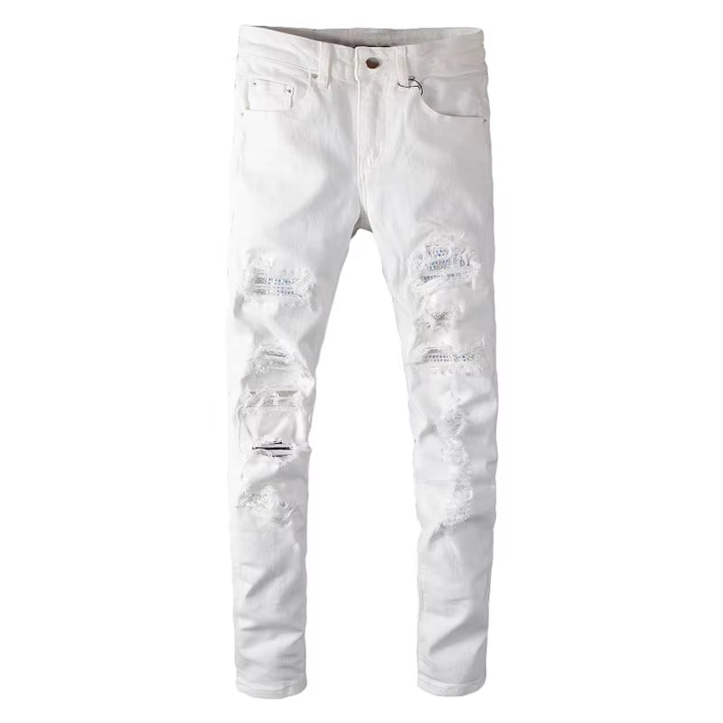 Men'S White Crystal Holes Ripped Jeans Fashion Slim Skinny Rhinestone Stretch Denim Pants