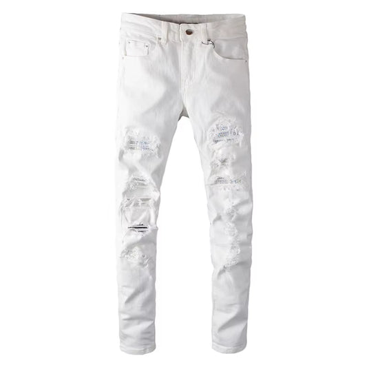 Men'S White Crystal Holes Ripped Jeans Fashion Slim Skinny Rhinestone Stretch Denim Pants