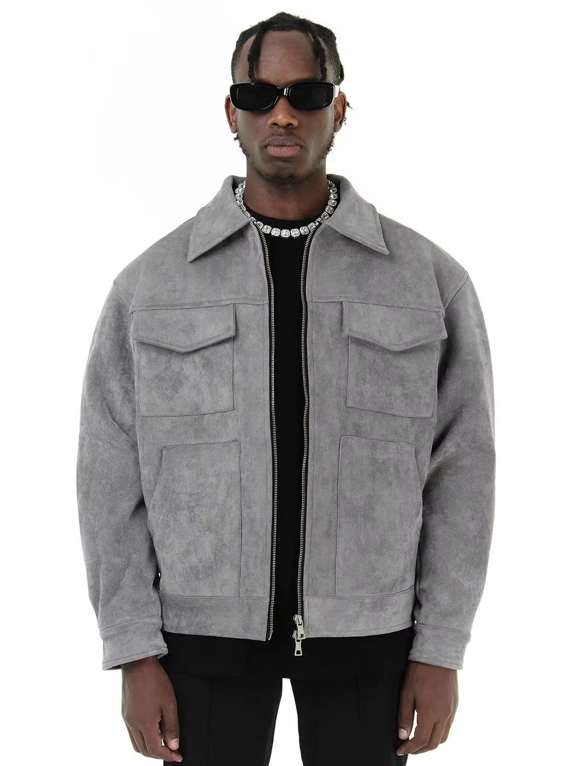 Vintage High Street Suede Material Crock Jacket with Zipper Lapel Casual Short Jacket for Men