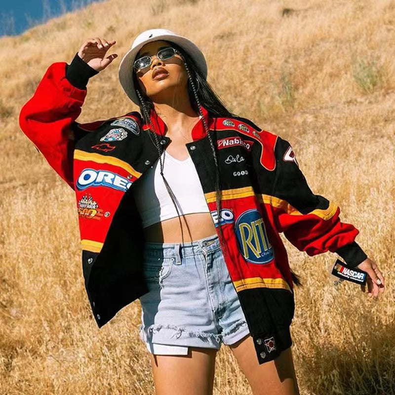 Autumn Varsity Jacket Long Sleeve Motorcycle Jacket Racing Baseball Jacket Women Y2K Printed Casual Loose Coat Single-Breasted