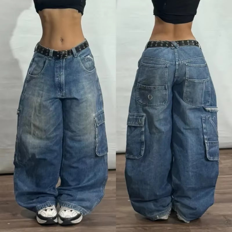 Streetwear American New Washed Light Blue Baggy Jeans Men and Women Y2K High Street Fashion Retro Punk High Waist Wide Trousers