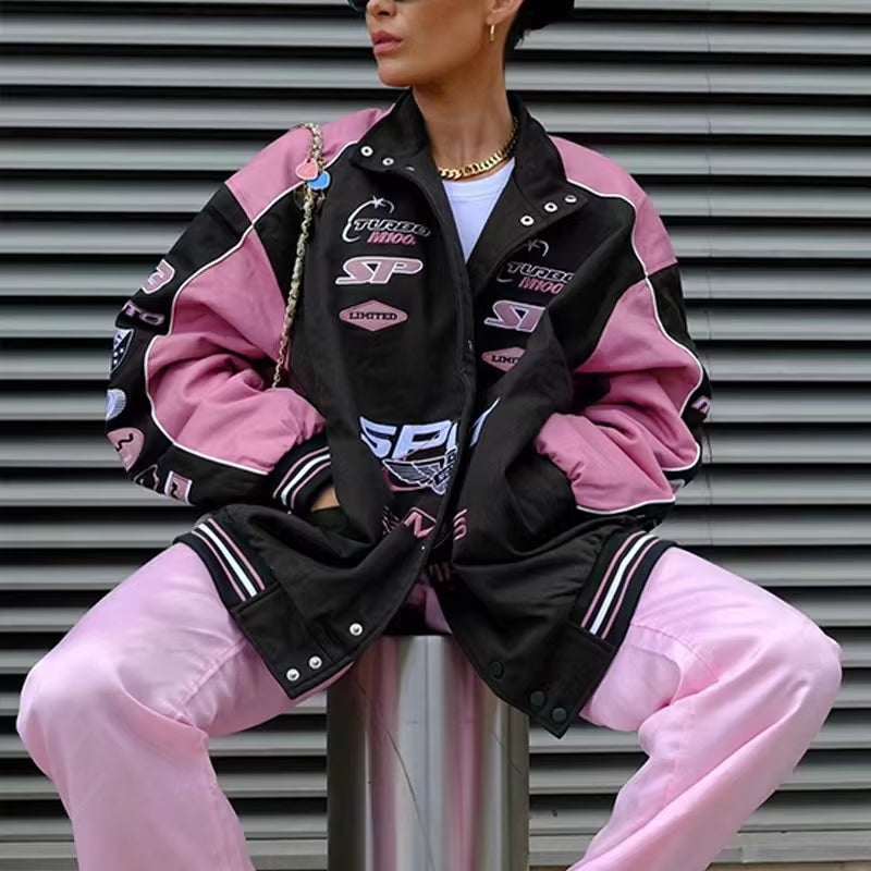 Autumn Varsity Jacket Long Sleeve Motorcycle Jacket Racing Baseball Jacket Women Y2K Printed Casual Loose Coat Single-Breasted