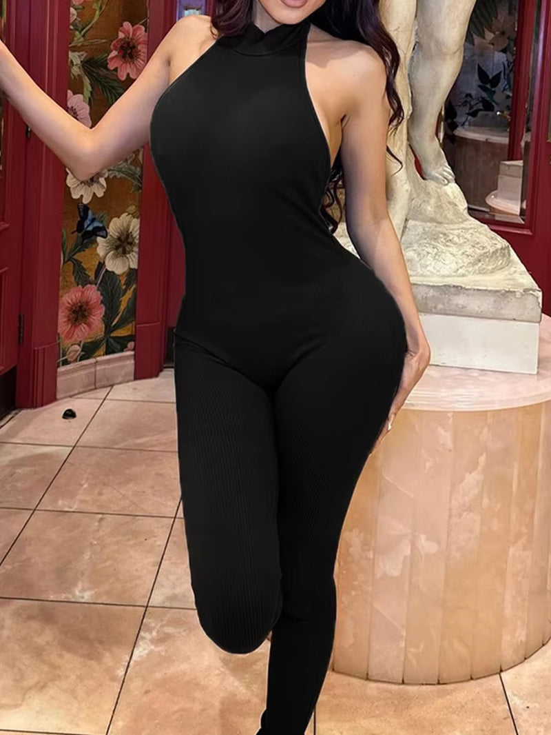Summer Sleeveless Black Jumpsuits Women Turtleneck Sexy Backless Bodycon Streetwear Jumpsuits Club Casual Skinny Sports Rompers