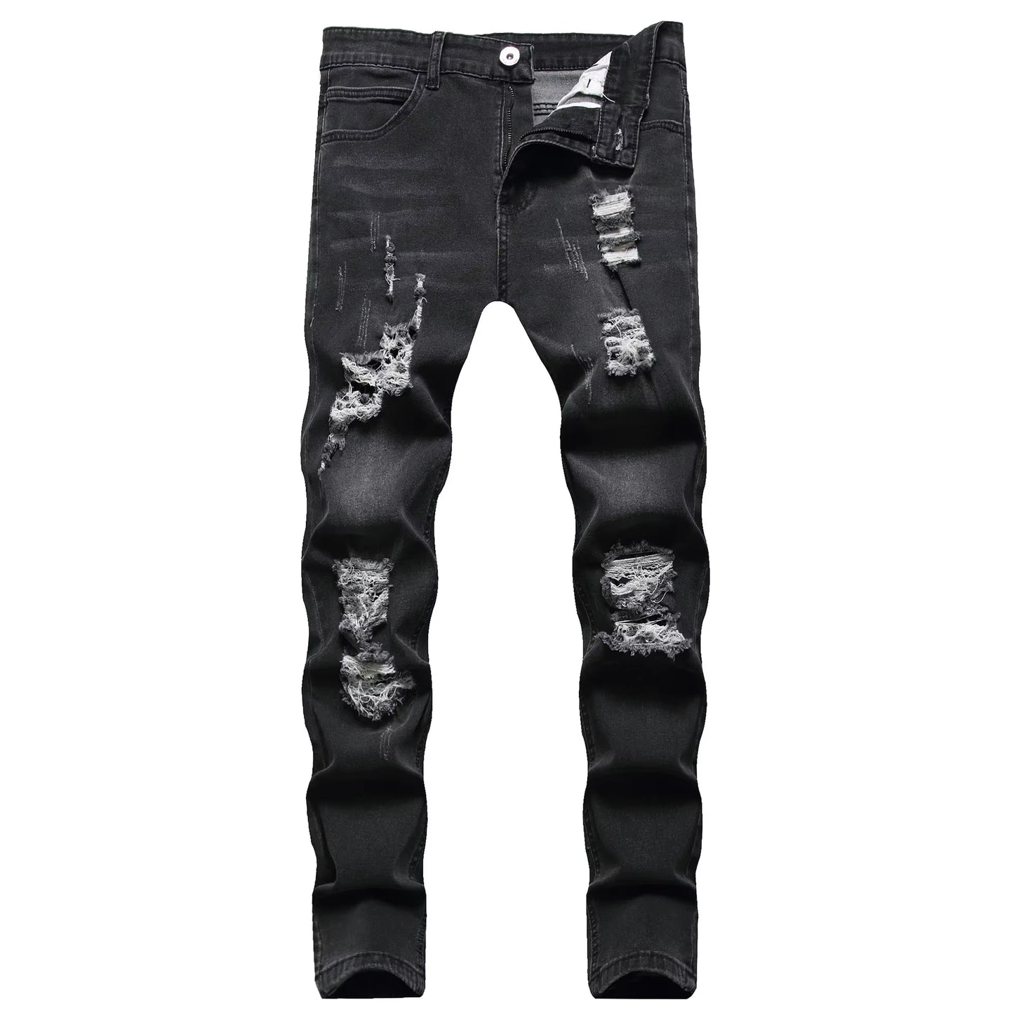 2024 New European and American Style Men'S Ripped and Faded Slim-Fit Jeans, Fashionable Vintage Casual Slim-Fit Pants S-XXXL