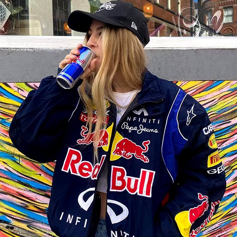 Autumn Varsity Jacket Long Sleeve Motorcycle Jacket Racing Baseball Jacket Women Y2K Printed Casual Loose Coat Single-Breasted