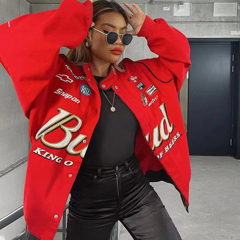 Autumn Varsity Jacket Long Sleeve Motorcycle Jacket Racing Baseball Jacket Women Y2K Printed Casual Loose Coat Single-Breasted