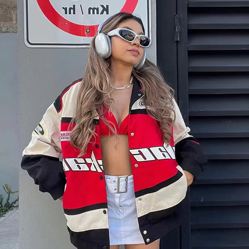 Autumn Varsity Jacket Long Sleeve Motorcycle Jacket Racing Baseball Jacket Women Y2K Printed Casual Loose Coat Single-Breasted