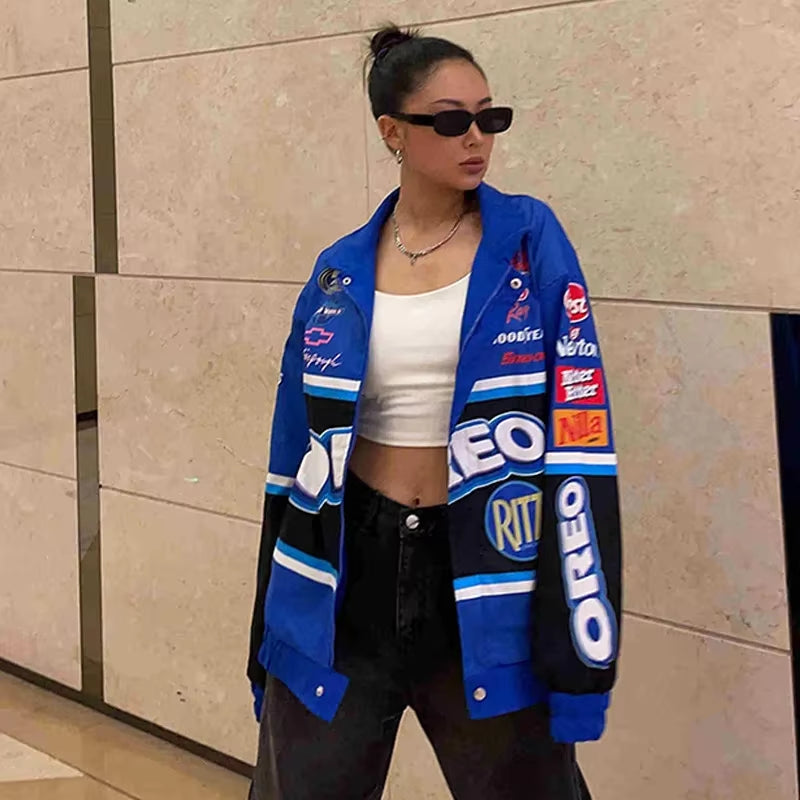 Autumn Varsity Jacket Long Sleeve Motorcycle Jacket Racing Baseball Jacket Women Y2K Printed Casual Loose Coat Single-Breasted