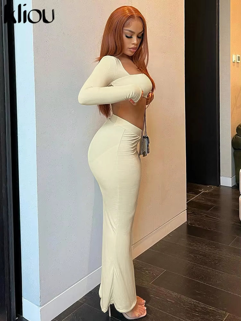 Solid Casual Two Piece Set Women Hipster Full Sleeve Square Neck Crop Tees+Elastic Waist Long Skirts Female Street Outfits