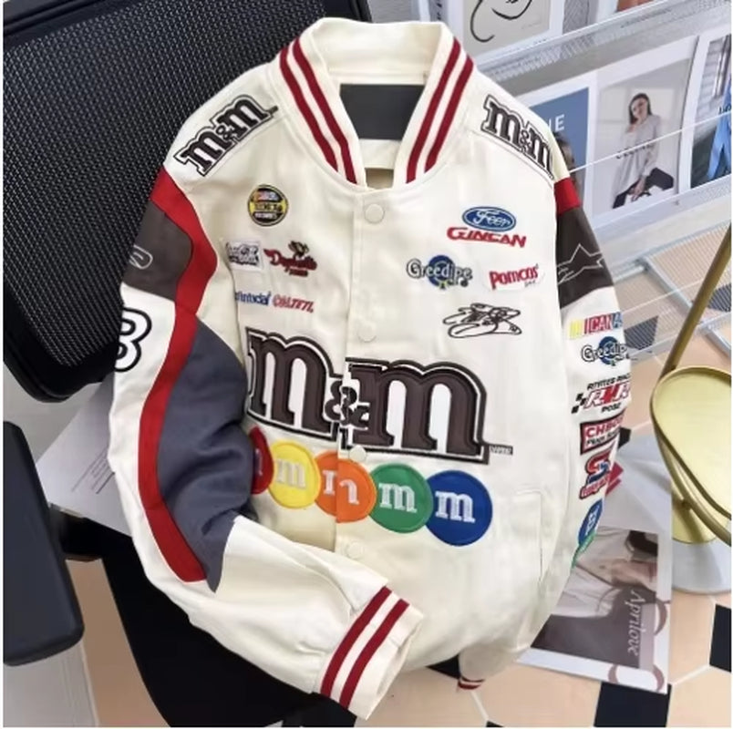 Autumn Varsity Jacket Long Sleeve Motorcycle Jacket Racing Baseball Jacket Women Y2K Printed Casual Loose Coat Single-Breasted