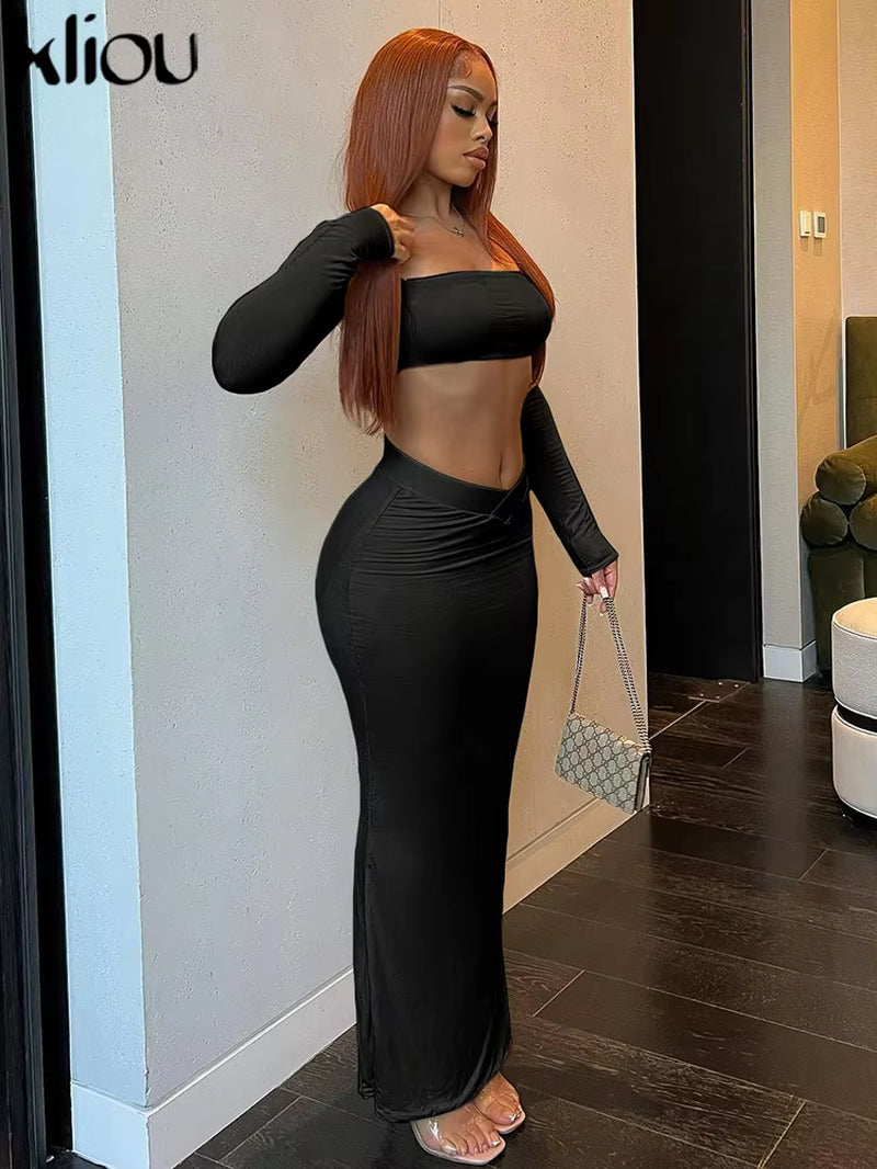 Solid Casual Two Piece Set Women Hipster Full Sleeve Square Neck Crop Tees+Elastic Waist Long Skirts Female Street Outfits