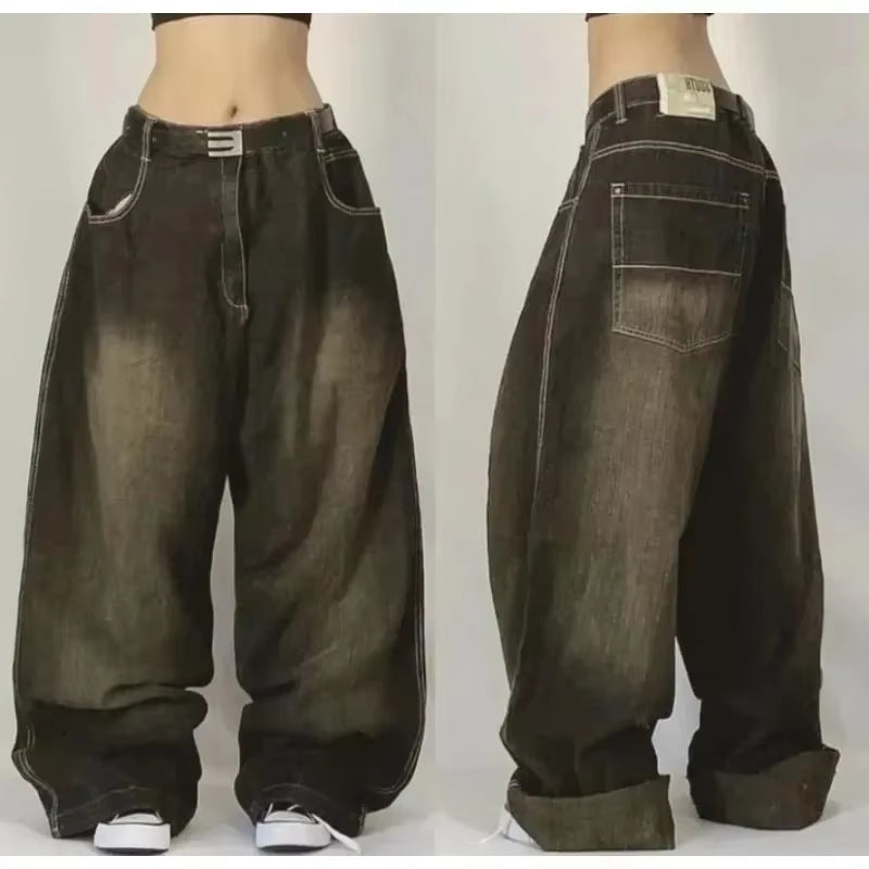 Streetwear American New Washed Light Blue Baggy Jeans Men and Women Y2K High Street Fashion Retro Punk High Waist Wide Trousers
