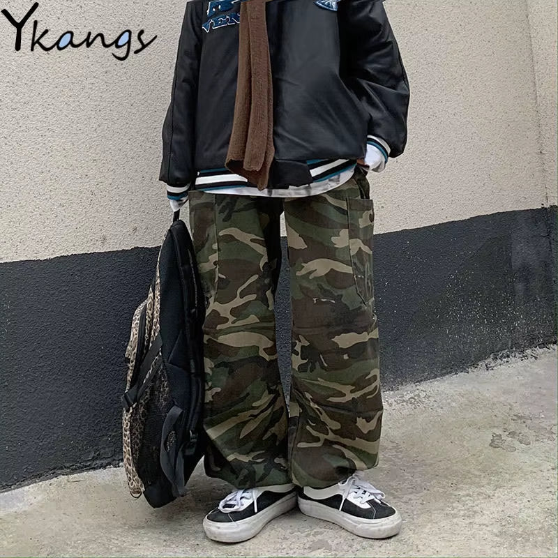 Baggy Camouflage Pockets Straight Cargo Pants Women High Waist Streetwear Loose Wide Leg Pant Vintage Casual Goth Harem Trousers