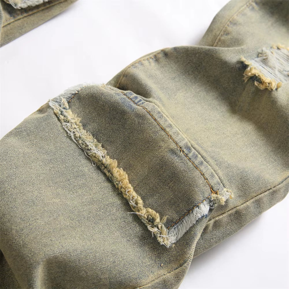 Streetwear Retro Style Men Ripped Spliced Slim Jeans Trousers Hip Hop Holes Stylish Denim Pants for Male