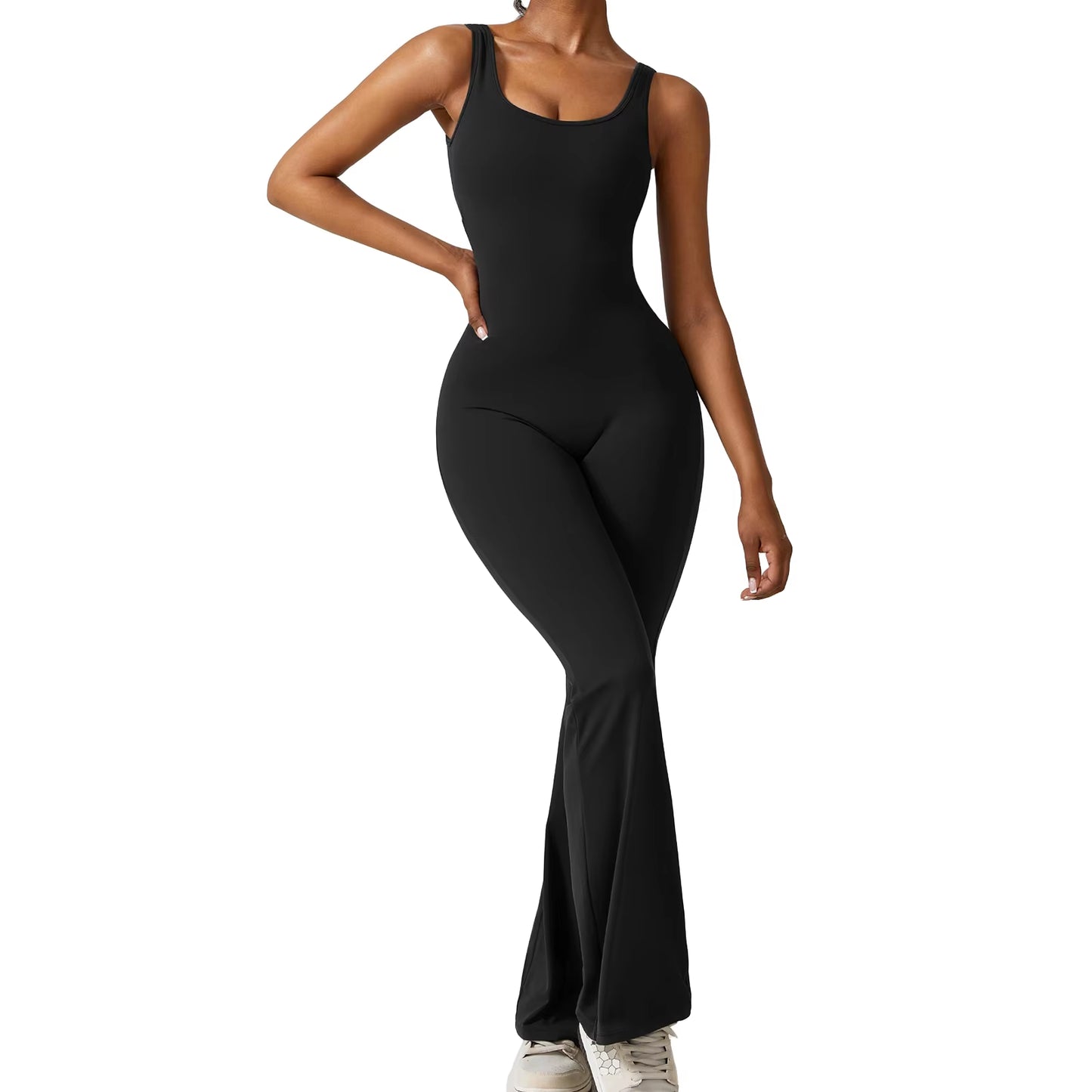 Sexy Hollow Backless Scrunch Gym Flare Jumpsuit Sport Leisure Women 1 Piece Clothing Yoga Dance Jump Suit Black Fitness Overalls
