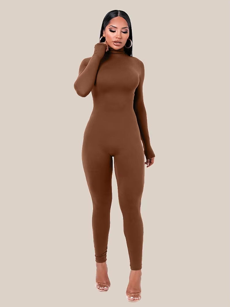 2024 Fall Long Sleeve Solid Turtleneck Sexy Skinny Bodycon Jumpsuit Women Fashion Streetwear Casual Romper Overalls