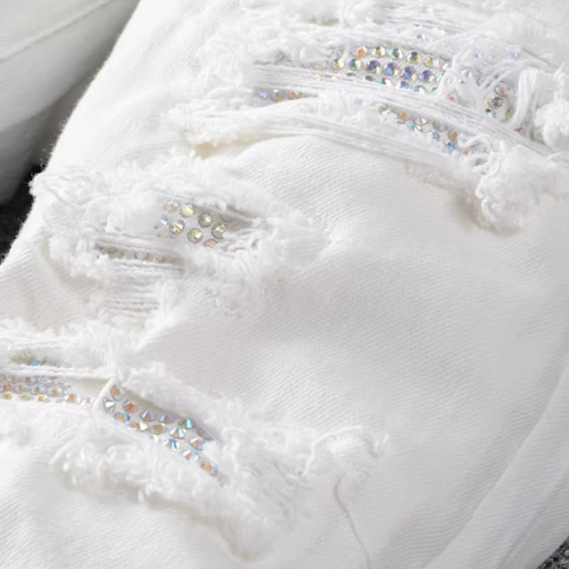 Men'S White Crystal Holes Ripped Jeans Fashion Slim Skinny Rhinestone Stretch Denim Pants