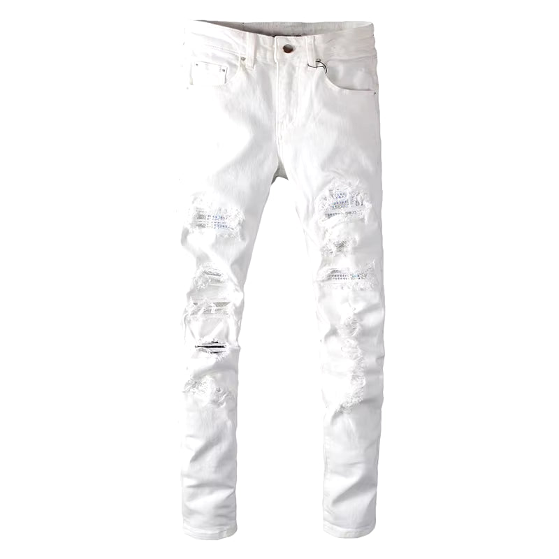 Men'S White Crystal Holes Ripped Jeans Fashion Slim Skinny Rhinestone Stretch Denim Pants