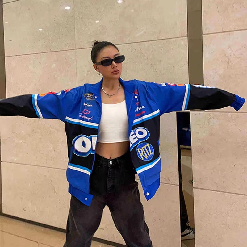 Autumn Varsity Jacket Long Sleeve Motorcycle Jacket Racing Baseball Jacket Women Y2K Printed Casual Loose Coat Single-Breasted