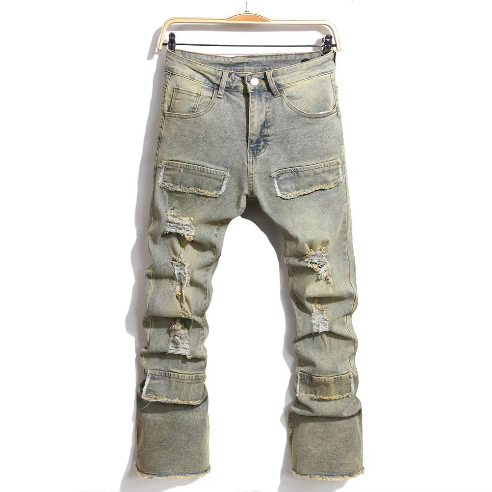 Streetwear Retro Style Men Ripped Spliced Slim Jeans Trousers Hip Hop Holes Stylish Denim Pants for Male