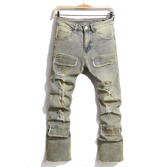Streetwear Retro Style Men Ripped Spliced Slim Jeans Trousers Hip Hop Holes Stylish Denim Pants for Male