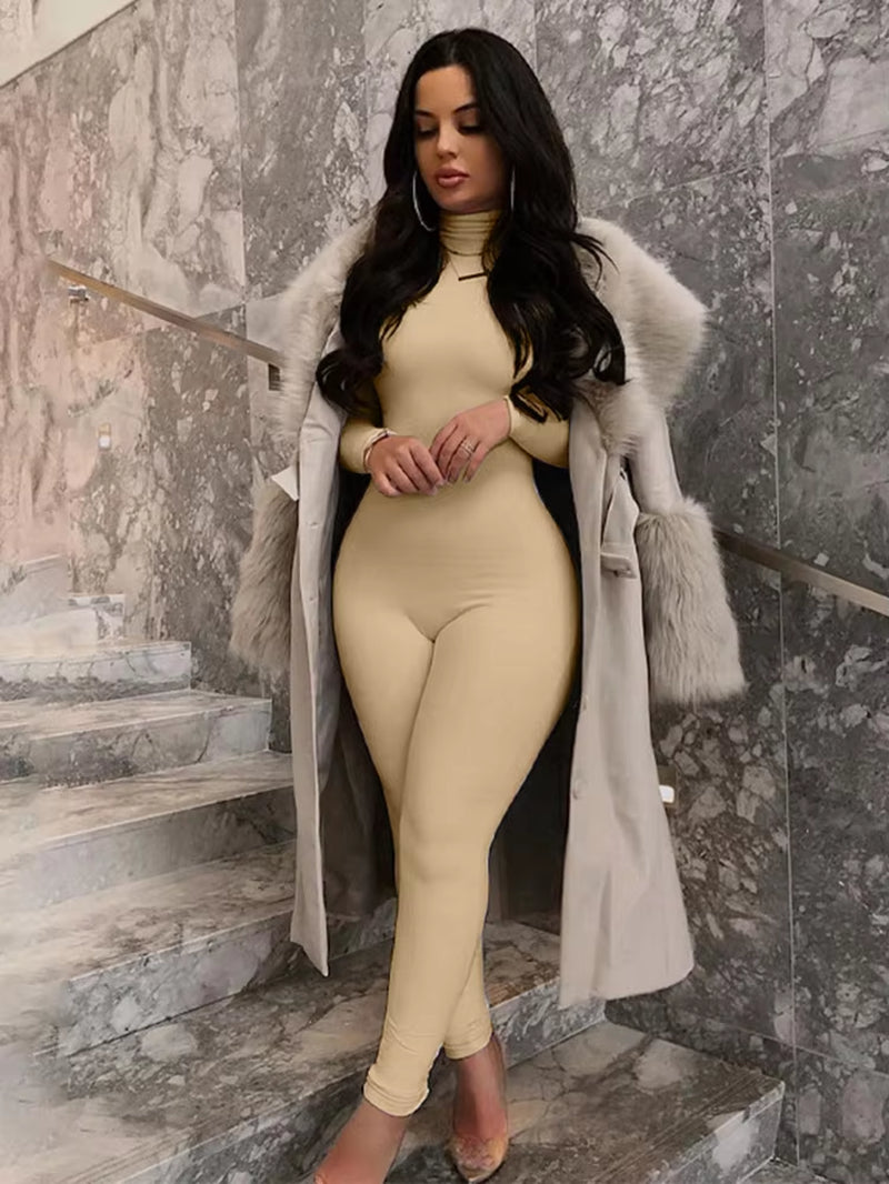 2024 Fall Long Sleeve Solid Turtleneck Sexy Skinny Bodycon Jumpsuit Women Fashion Streetwear Casual Romper Overalls