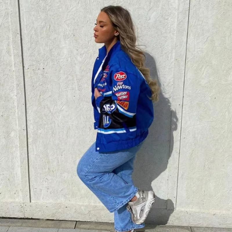 Autumn Varsity Jacket Long Sleeve Motorcycle Jacket Racing Baseball Jacket Women Y2K Printed Casual Loose Coat Single-Breasted