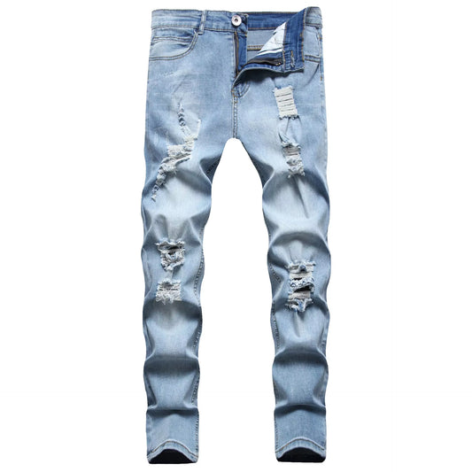2024 New European and American Style Men'S Ripped and Faded Slim-Fit Jeans, Fashionable Vintage Casual Slim-Fit Pants S-XXXL