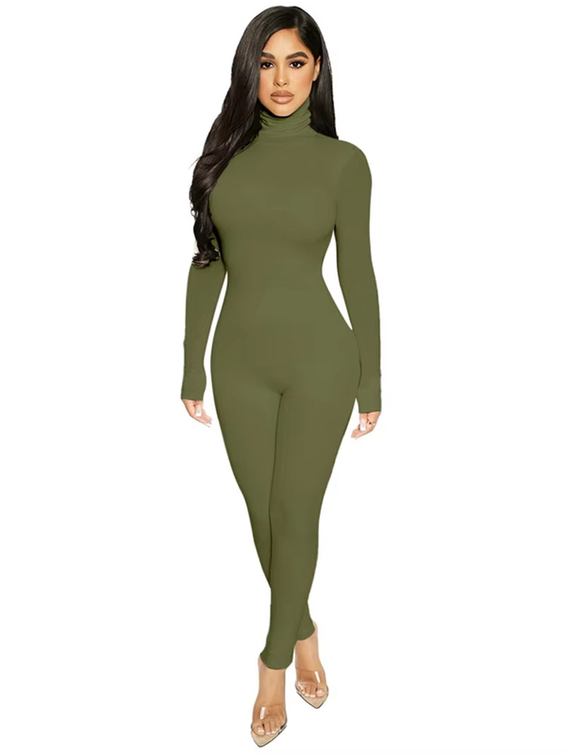 2024 Fall Long Sleeve Solid Turtleneck Sexy Skinny Bodycon Jumpsuit Women Fashion Streetwear Casual Romper Overalls