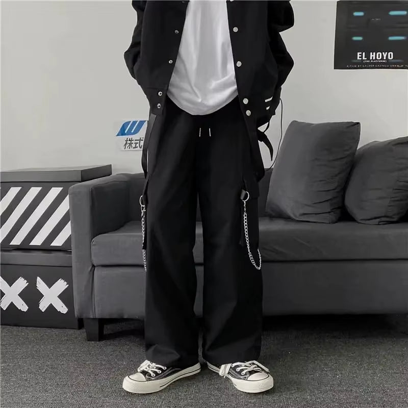 Goth Punk Black Cargo Pants with Chain Streetwear Men Wide Leg Trousers Harajuku Hip Hop Hombre Casual Joggers Pantalon Homme
