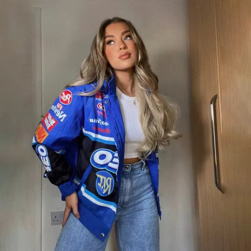 Autumn Varsity Jacket Long Sleeve Motorcycle Jacket Racing Baseball Jacket Women Y2K Printed Casual Loose Coat Single-Breasted