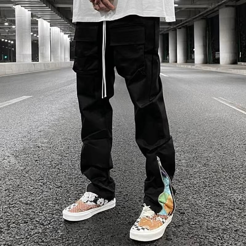 Streetwear Patchwork Cashew Flower Print Cargo Pants Y2K Men Hip Hop Casual Functional Slim Cargo Trousers Male Pocket Side Zip