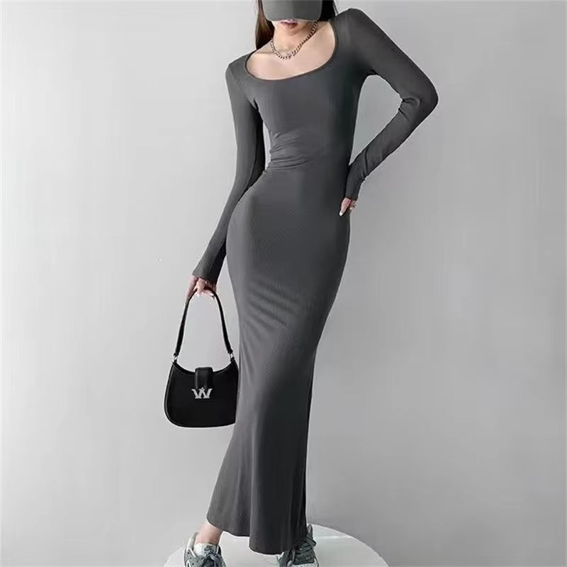 Women Spring Autumn Style Long Sleeve Low Cut Collar Solid Color Mermaid Sexy Dress