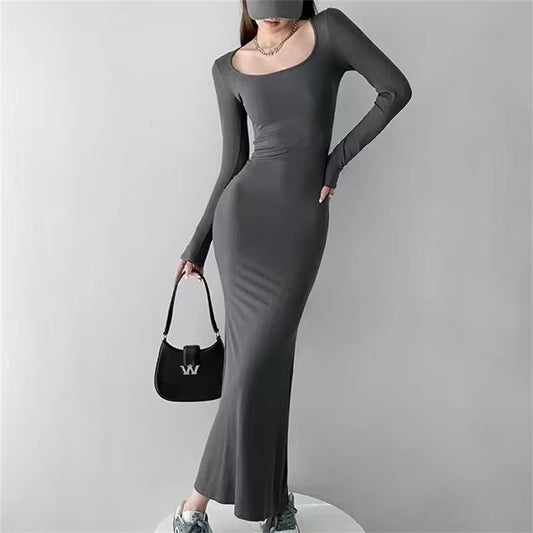 Women Spring Autumn Style Long Sleeve Low Cut Collar Solid Color Mermaid Sexy Dress