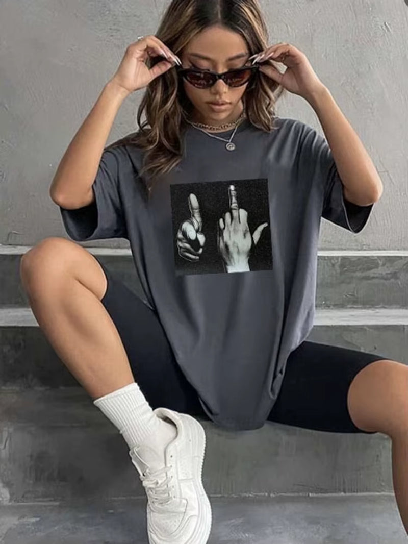 Blessyuki Casual Gothic 100% Cotton Printed Women T Shirts 2024 Summer New Streetwear Plus-Size Female Loose Tees Oversized Tops