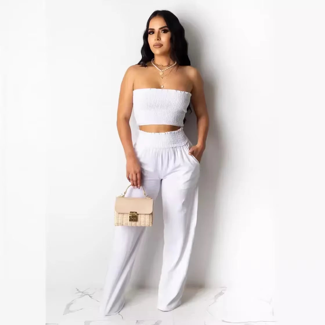 Casual Loose Wide-Leg Pants for Women Fashion Baggy Two-Piece Suit Pants Summer Sexy Pleated Cropped Tops Pantalon