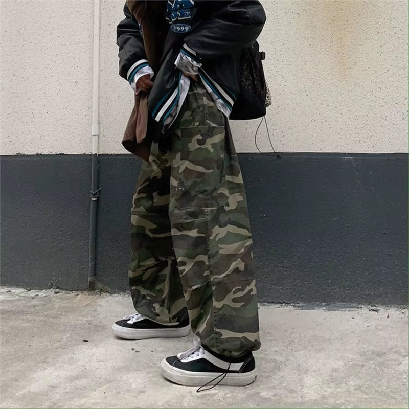 Baggy Camouflage Pockets Straight Cargo Pants Women High Waist Streetwear Loose Wide Leg Pant Vintage Casual Goth Harem Trousers