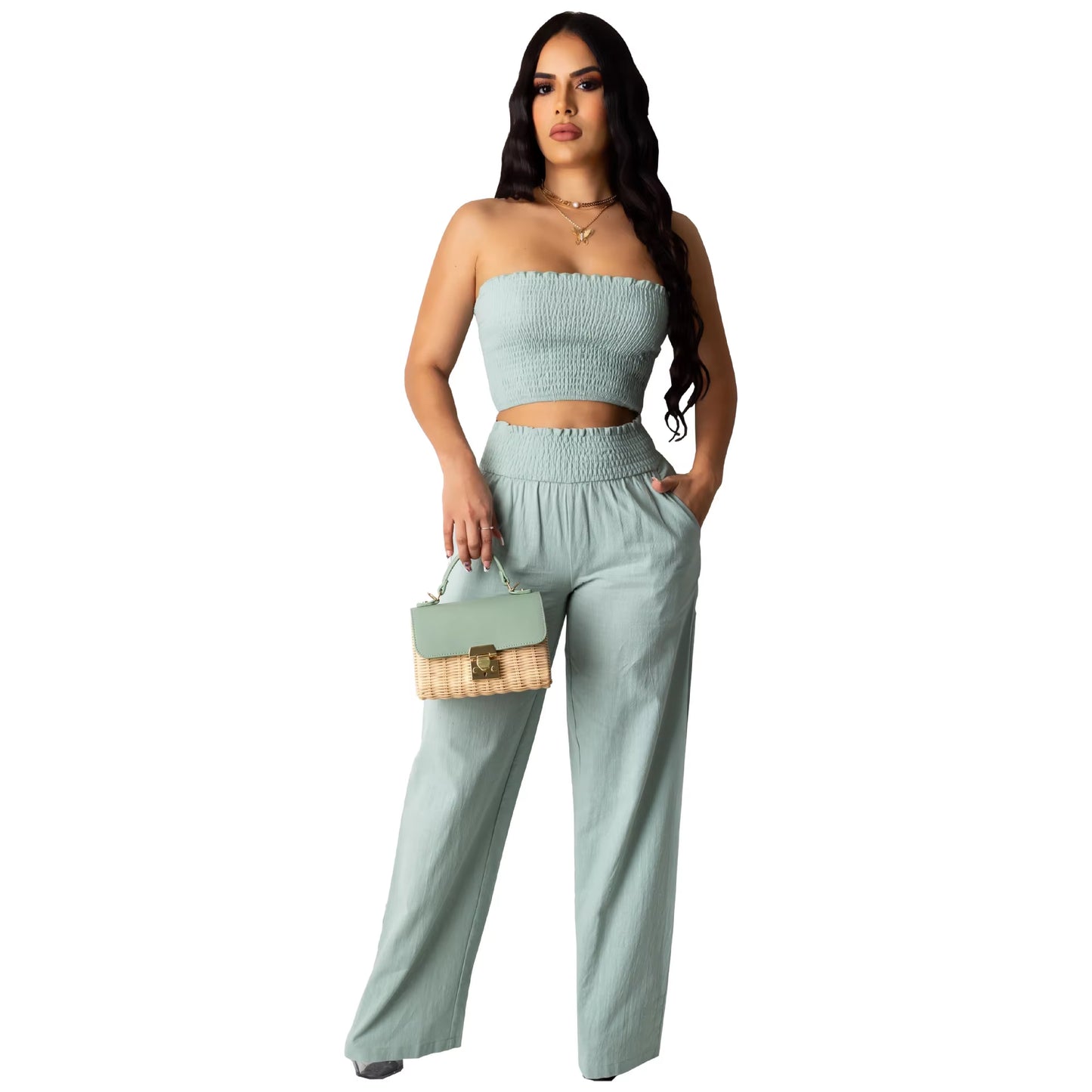 Casual Loose Wide-Leg Pants for Women Fashion Baggy Two-Piece Suit Pants Summer Sexy Pleated Cropped Tops Pantalon