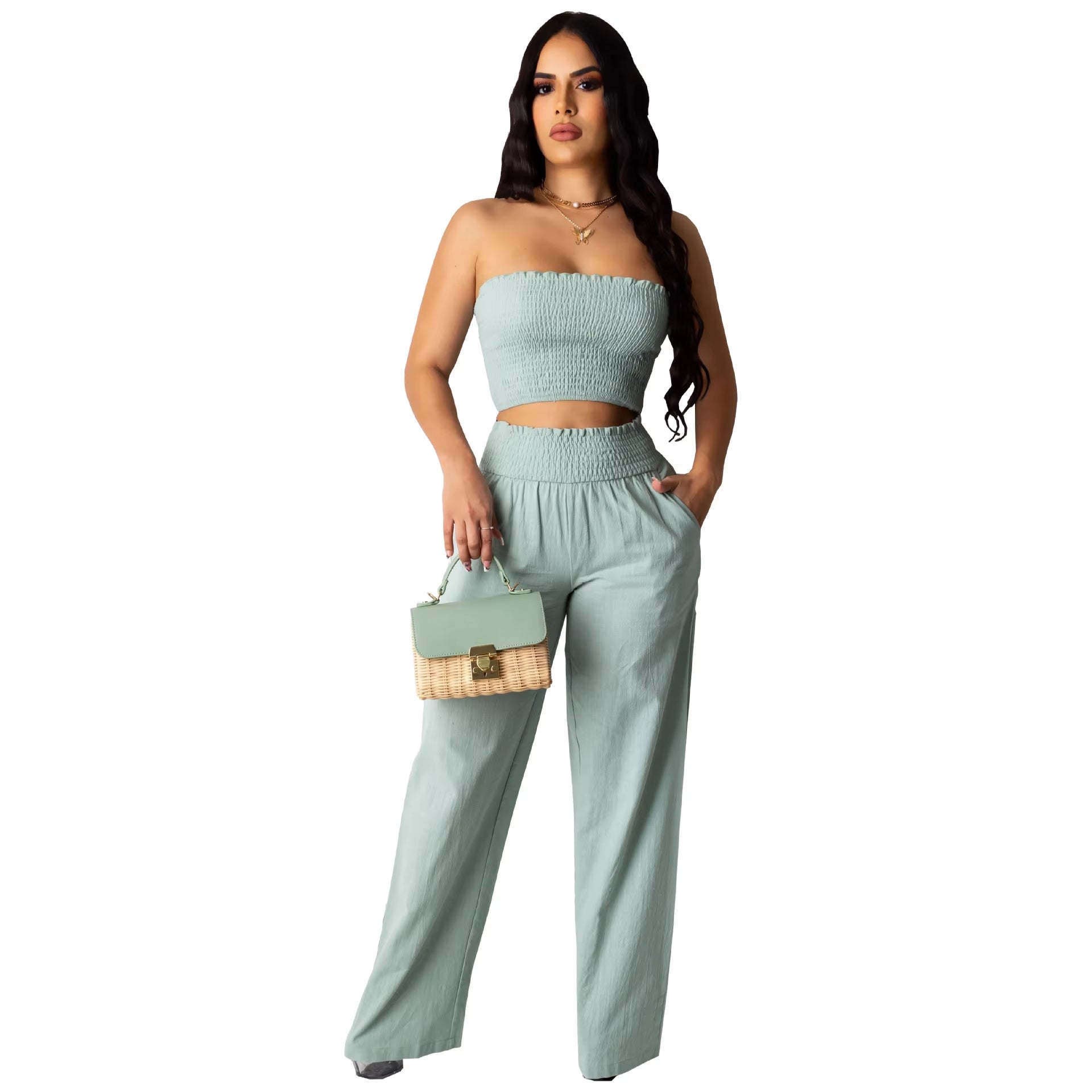 Casual Loose Wide-Leg Pants for Women Fashion Baggy Two-Piece Suit Pants Summer Sexy Pleated Cropped Tops Pantalon