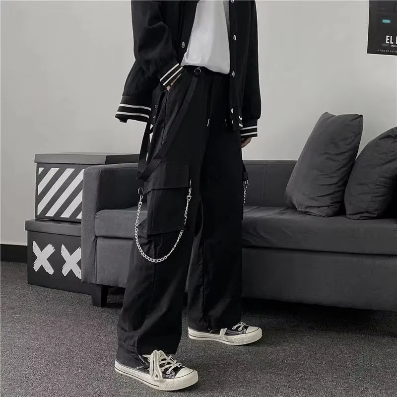 Goth Punk Black Cargo Pants with Chain Streetwear Men Wide Leg Trousers Harajuku Hip Hop Hombre Casual Joggers Pantalon Homme