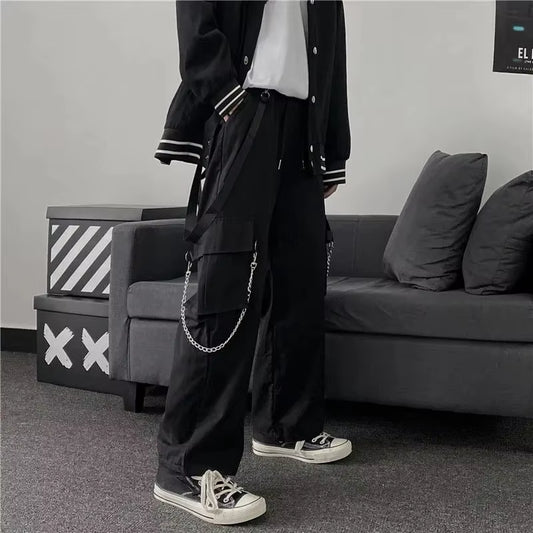 Goth Punk Black Cargo Pants with Chain Streetwear Men Wide Leg Trousers Harajuku Hip Hop Hombre Casual Joggers Pantalon Homme