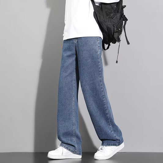 2025 New Korean Men'S Casual Long Jeans Classic Man Straight Denim Wide-Leg Pants Solid Color Light Blue Grey Black 3XL